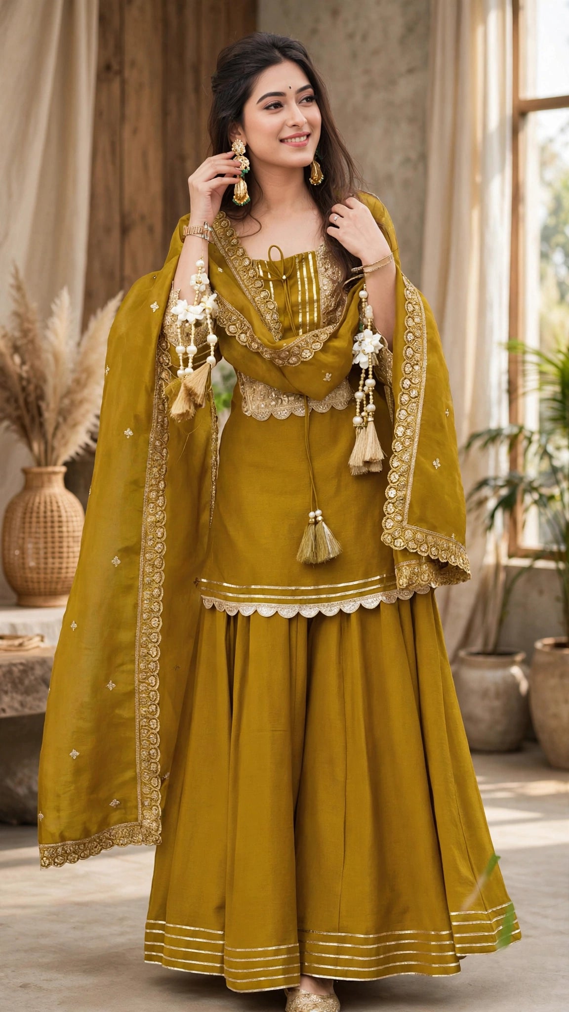 Olive Gold Radiance Embroidered Sharara Set