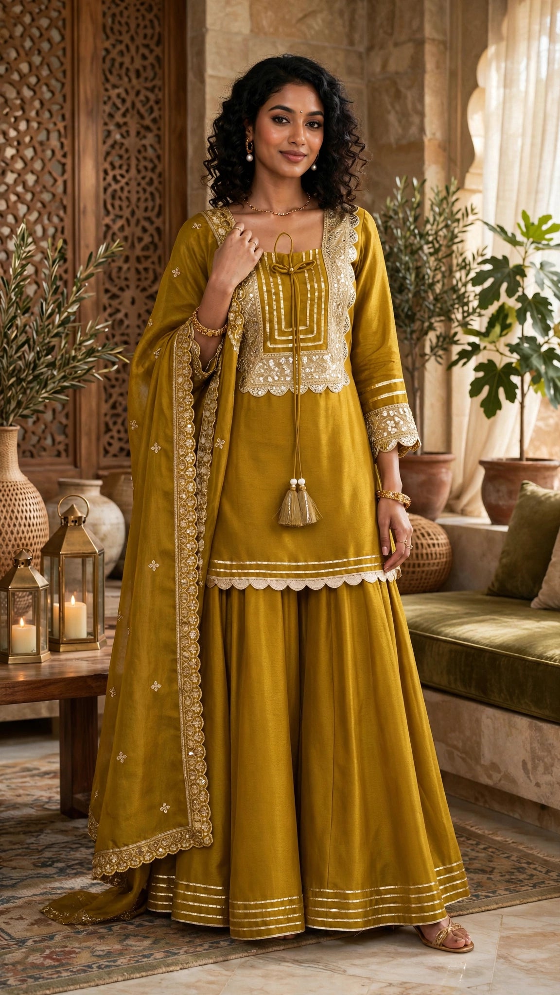 Olive Gold Radiance Embroidered Sharara Set