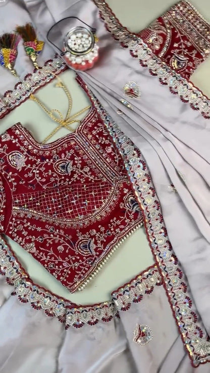 Midnight Crimson Velvet Blouse with Silver Embroidered Saree Set – Available in Classic Crimson & Elegant Silver