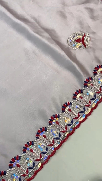 Midnight Crimson Velvet Blouse with Silver Embroidered Saree Set – Available in Classic Crimson & Elegant Silver