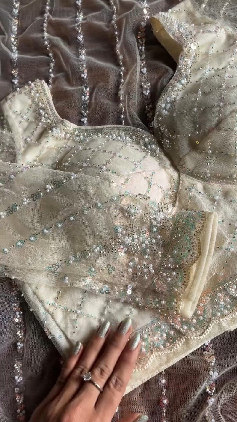 Ivory Embellished Net Saree & Padded Blouse Set – Ethereal Elegance Collection
