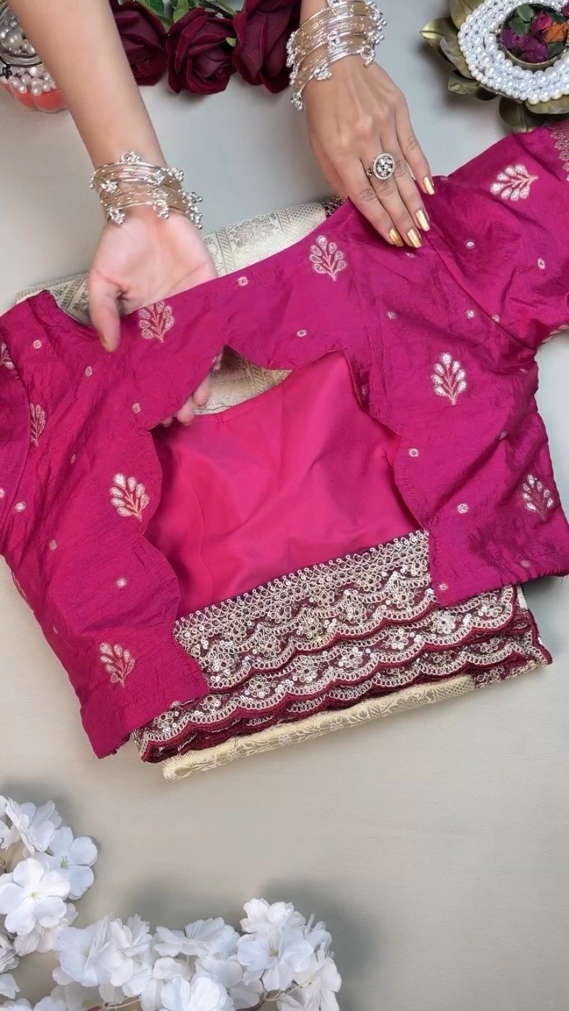 Ivory & Magenta Sequined Banarasi Silk Saree Ensemble