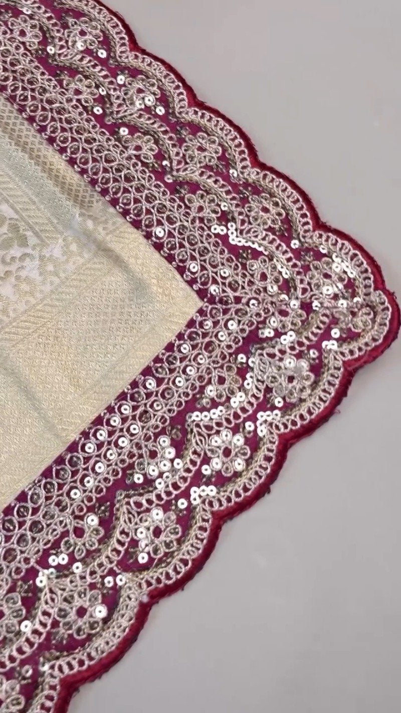 Ivory & Magenta Sequined Banarasi Silk Saree Ensemble