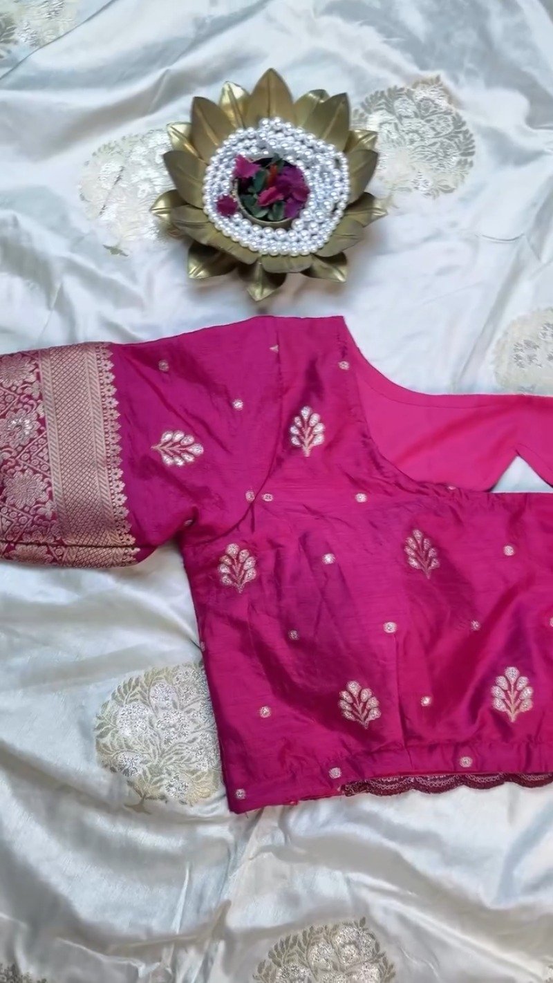Ivory & Magenta Sequined Banarasi Silk Saree Ensemble