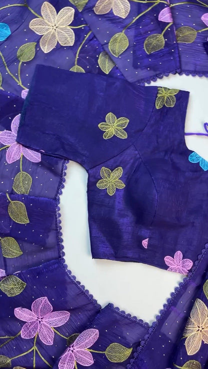 Royal Indigo Embroidered Floral Chiffon Saree with Matching Blouse