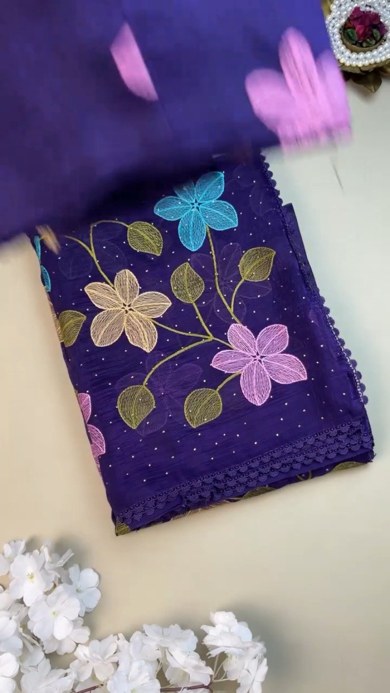 Royal Indigo Embroidered Floral Chiffon Saree with Matching Blouse