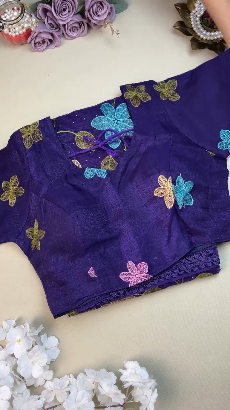 Royal Indigo Embroidered Floral Chiffon Saree with Matching Blouse