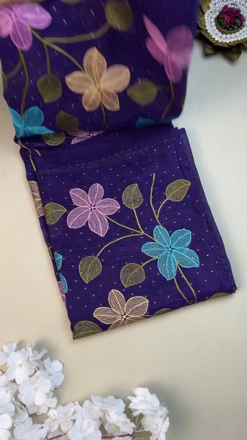 Royal Indigo Embroidered Floral Chiffon Saree with Matching Blouse