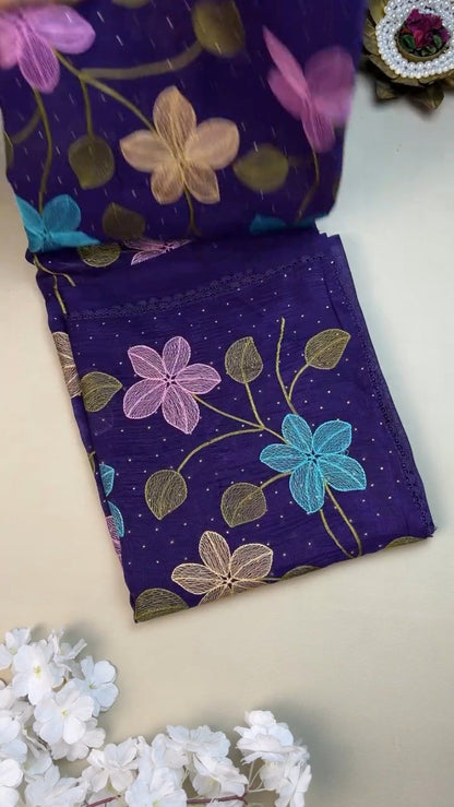 Royal Indigo Embroidered Floral Chiffon Saree with Matching Blouse