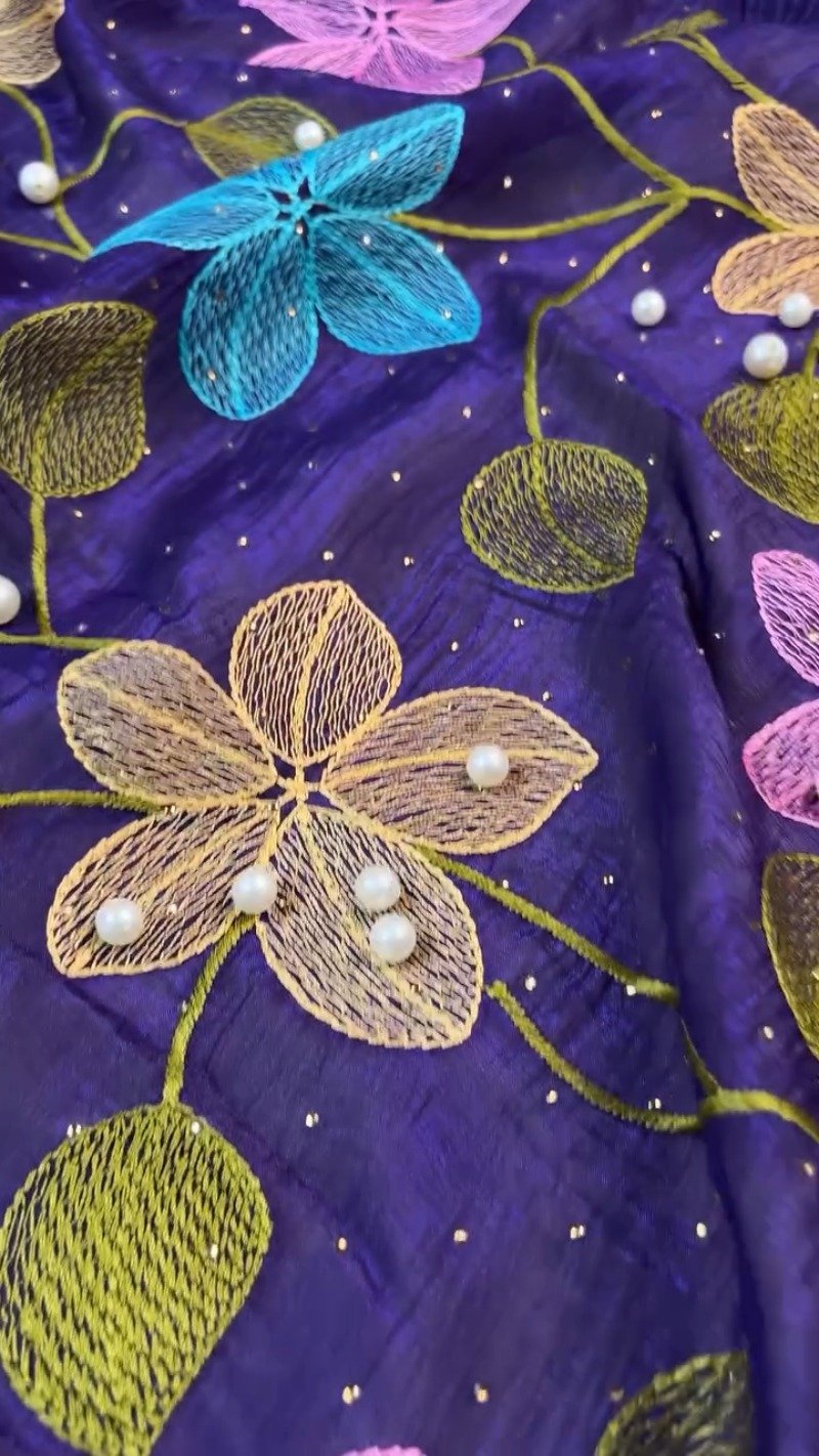 Royal Indigo Embroidered Floral Chiffon Saree with Matching Blouse
