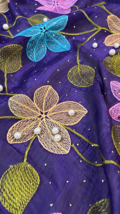 Royal Indigo Embroidered Floral Chiffon Saree with Matching Blouse