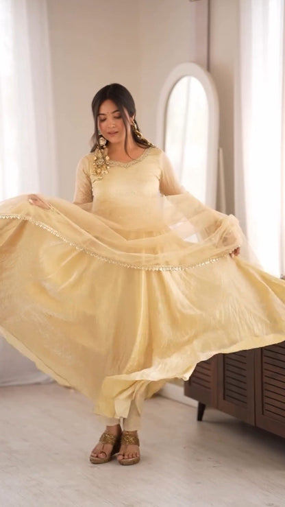 Ethereal Champagne Gold Crushed Silk Anarkali Suit Set – Available in Single Variant
