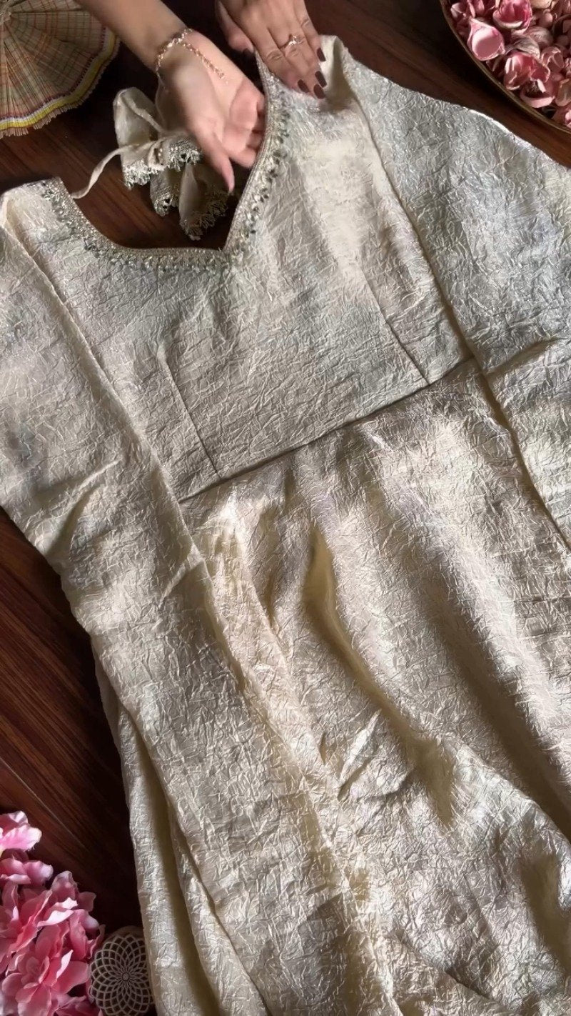 Ethereal Champagne Gold Crushed Silk Anarkali Suit Set – Available in Single Variant