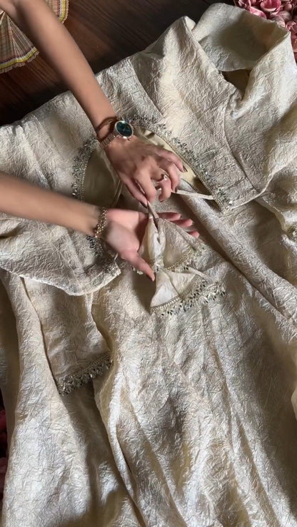 Ethereal Champagne Gold Crushed Silk Anarkali Suit Set – Available in Single Variant