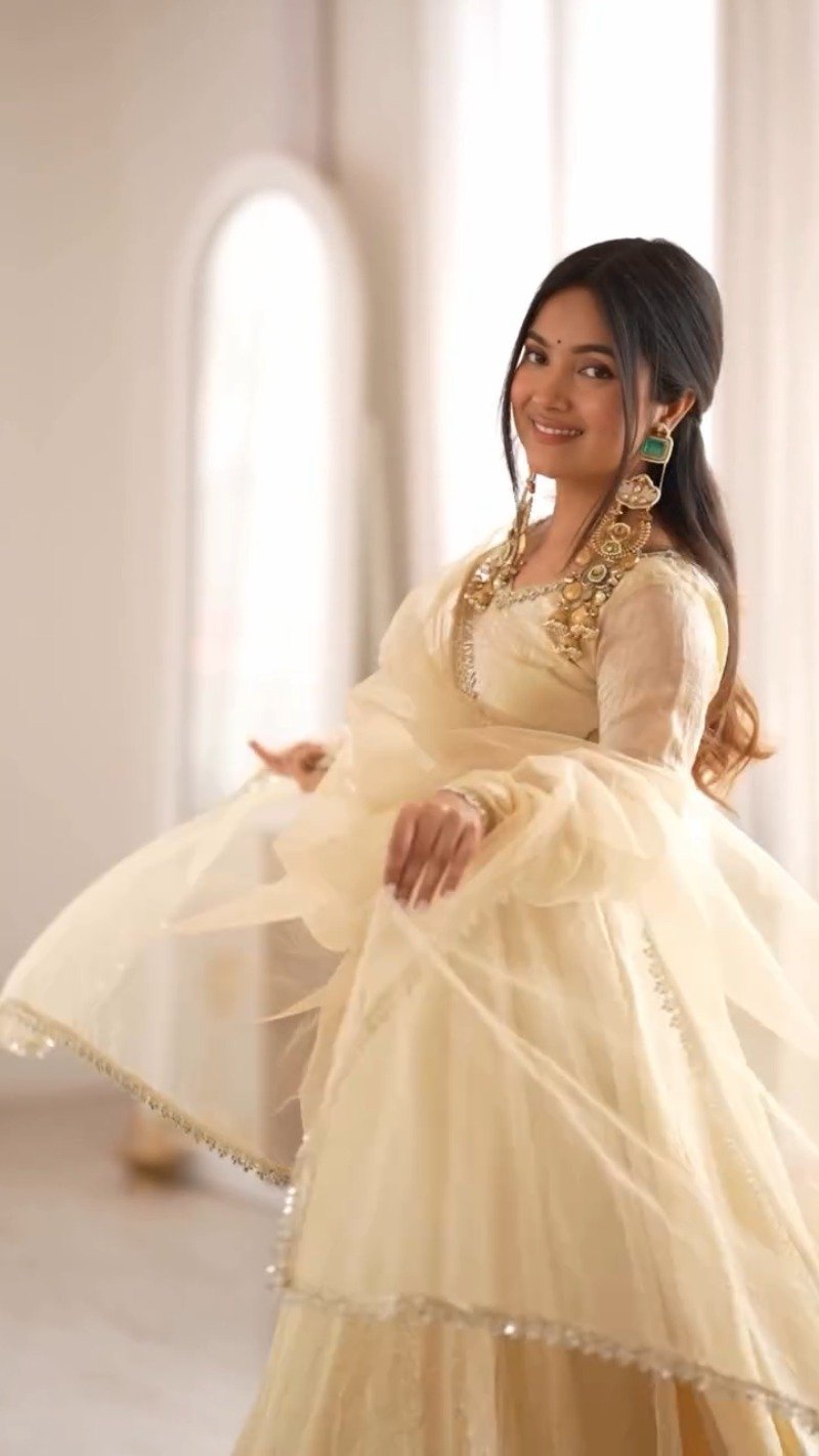 Ethereal Champagne Gold Crushed Silk Anarkali Suit Set – Available in Single Variant