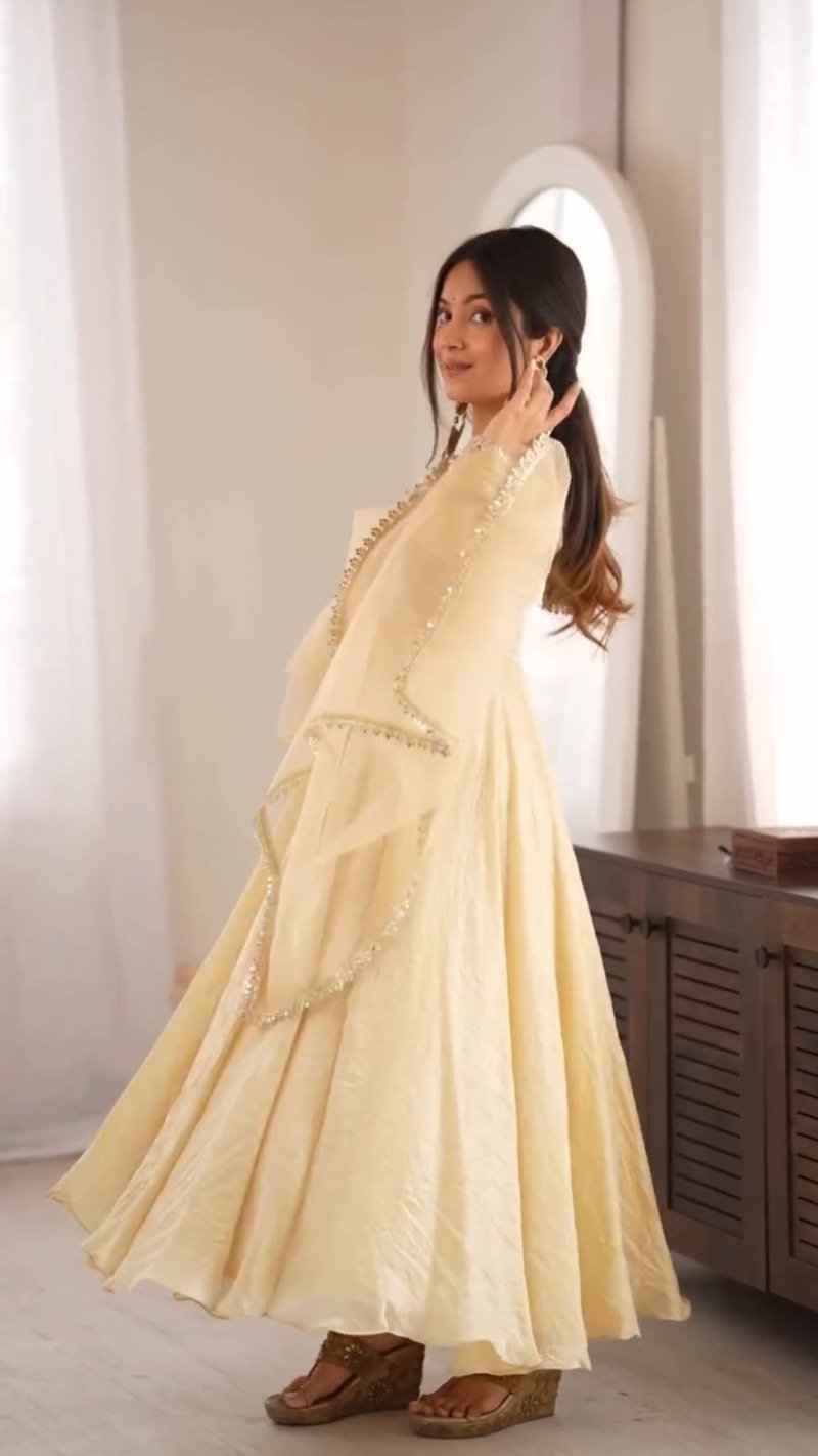 Ethereal Champagne Gold Crushed Silk Anarkali Suit Set – Available in Single Variant
