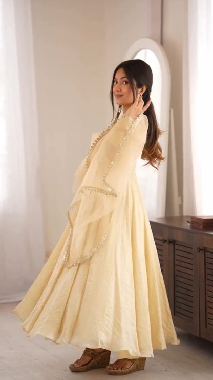 Ethereal Champagne Gold Crushed Silk Anarkali Suit Set – Available in Single Variant