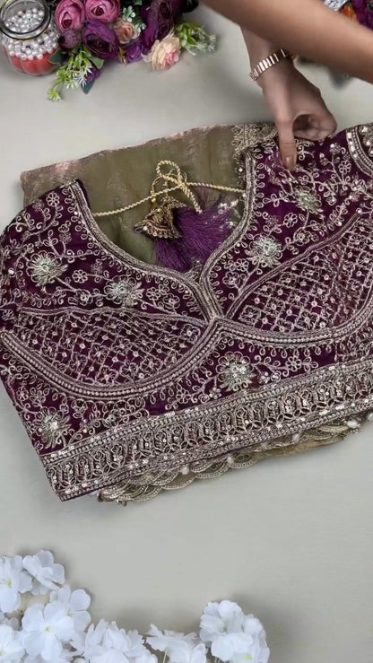 Regal Plum Velvet & Bronze Organza Embellished Saree Set