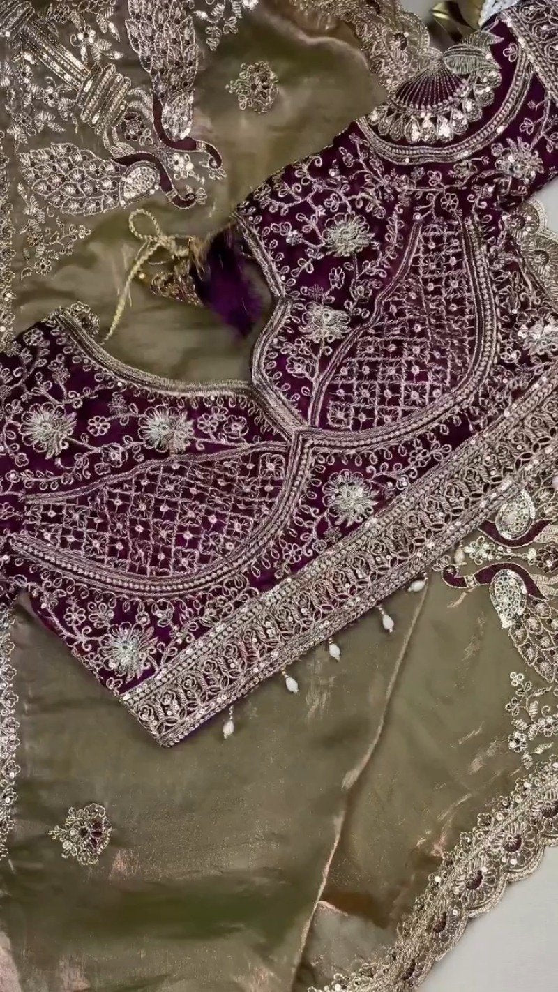 Regal Plum Velvet & Bronze Organza Embellished Saree Set