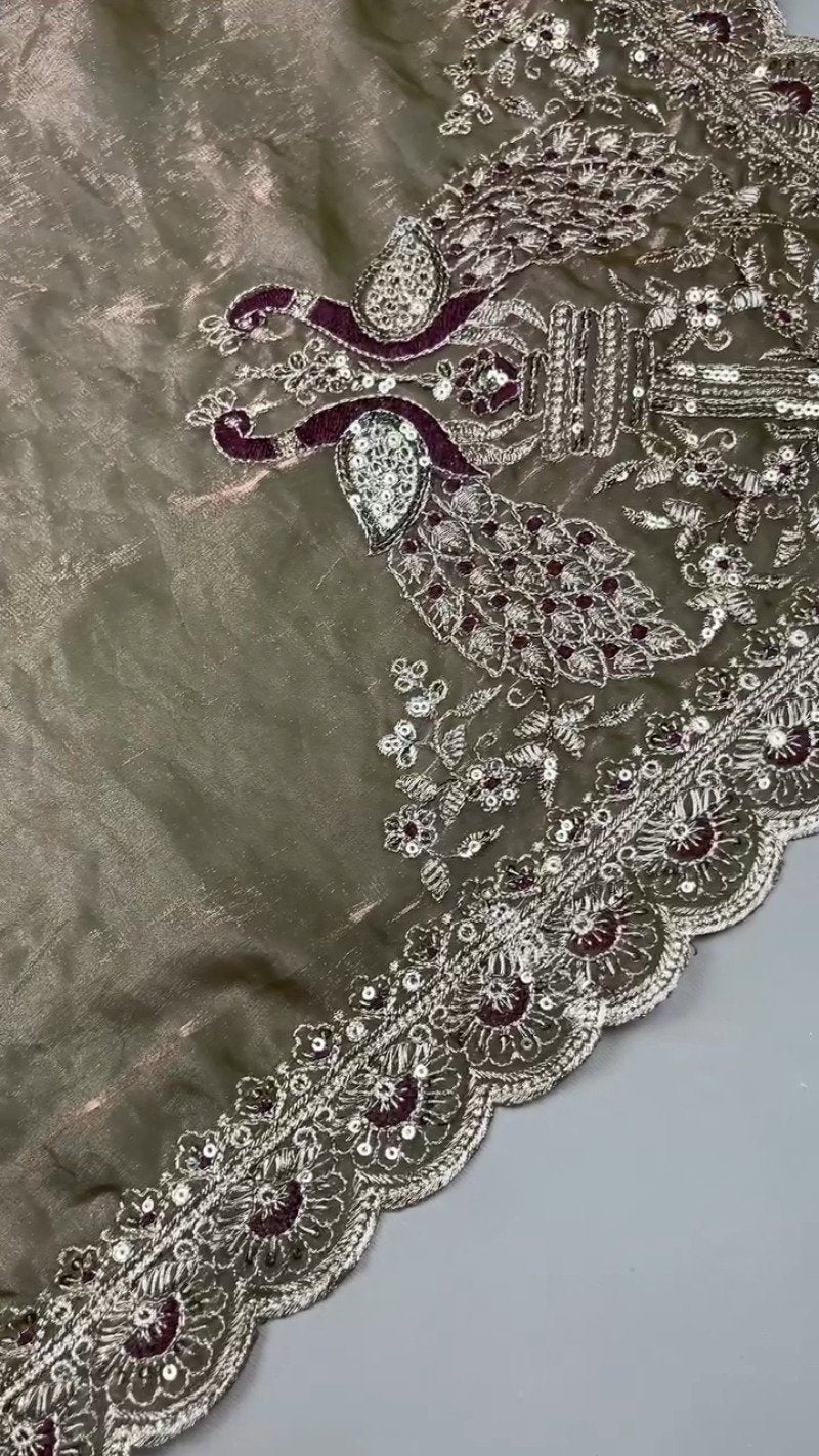 Regal Plum Velvet & Bronze Organza Embellished Saree Set