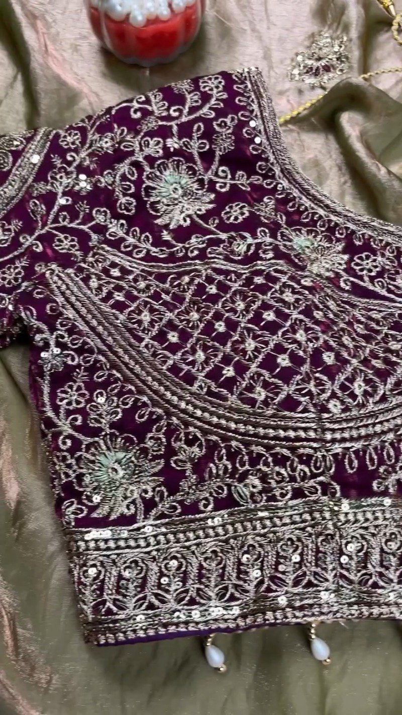 Regal Plum Velvet & Bronze Organza Embellished Saree Set