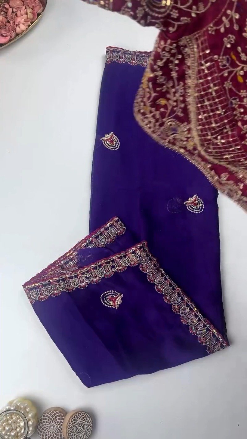 Royal Velvet Embroidered Saree Ensemble – Available in Midnight Blue, Crimson Red, Charcoal Grey, Mustard Yellow, and Champagne Beige