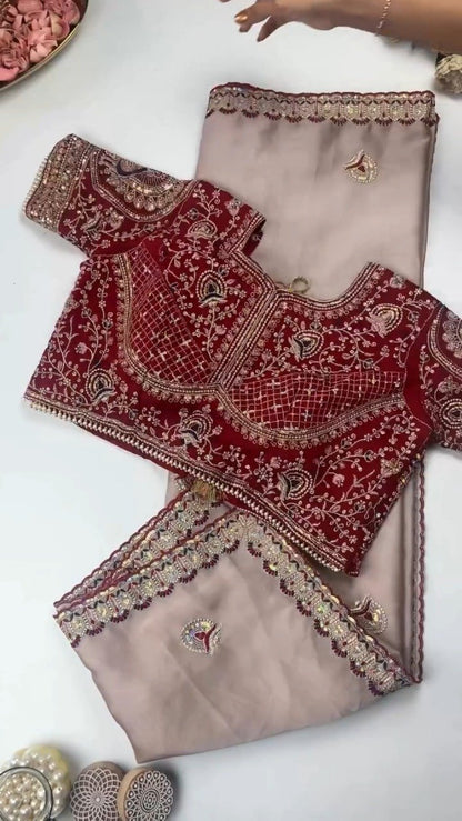 Royal Velvet Embroidered Saree Ensemble – Available in Midnight Blue, Crimson Red, Charcoal Grey, Mustard Yellow, and Champagne Beige