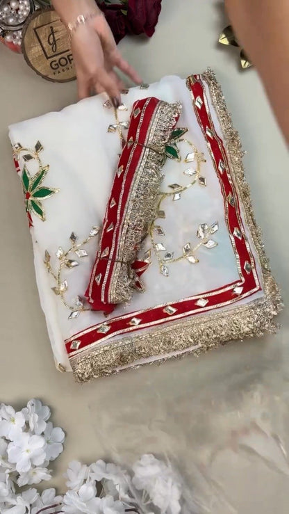 Opulent White Gota Patti Embellished Organza Saree – Available in Emerald Green & Ruby Red Floral Accents