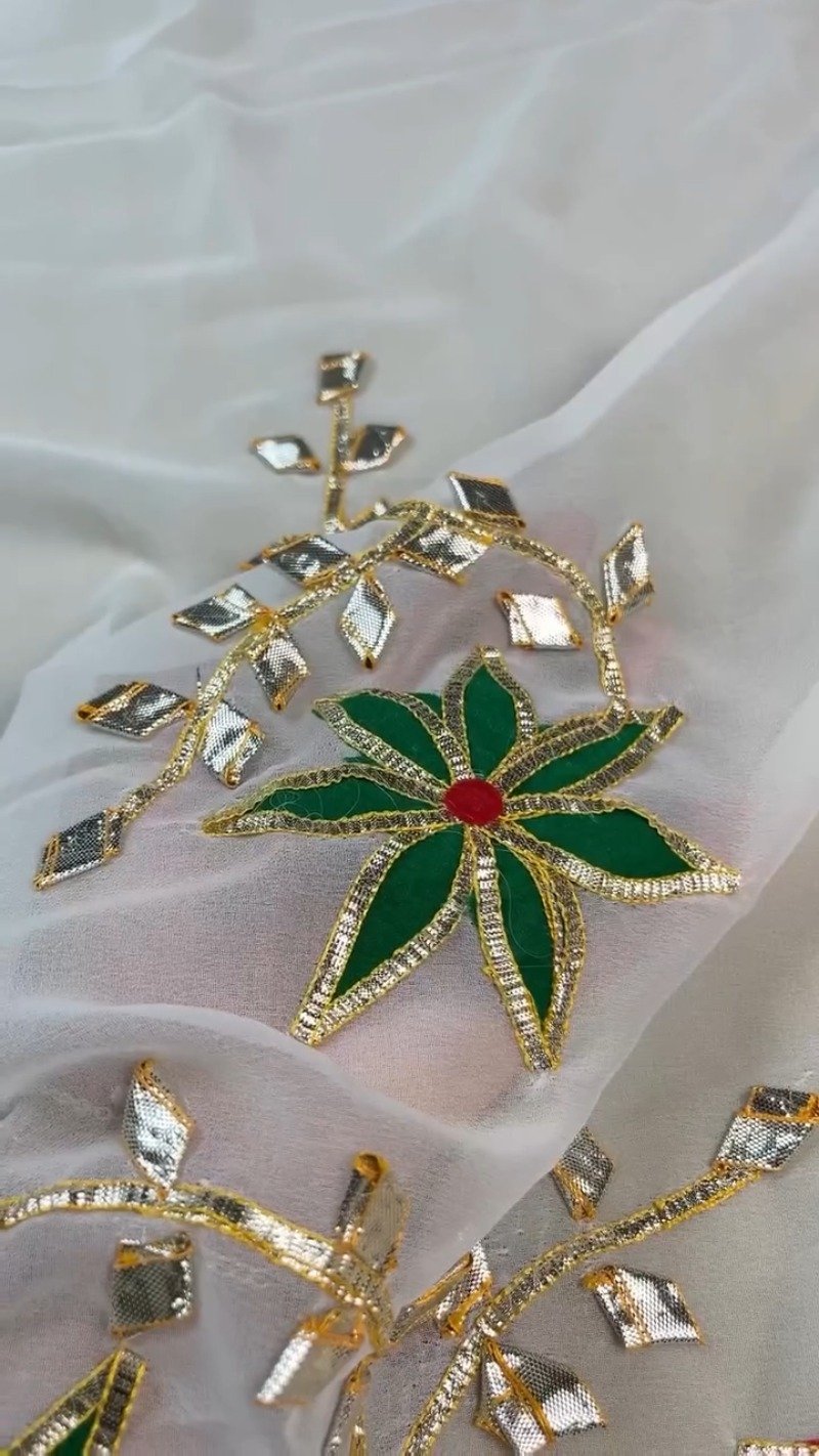 Opulent White Gota Patti Embellished Organza Saree – Available in Emerald Green & Ruby Red Floral Accents