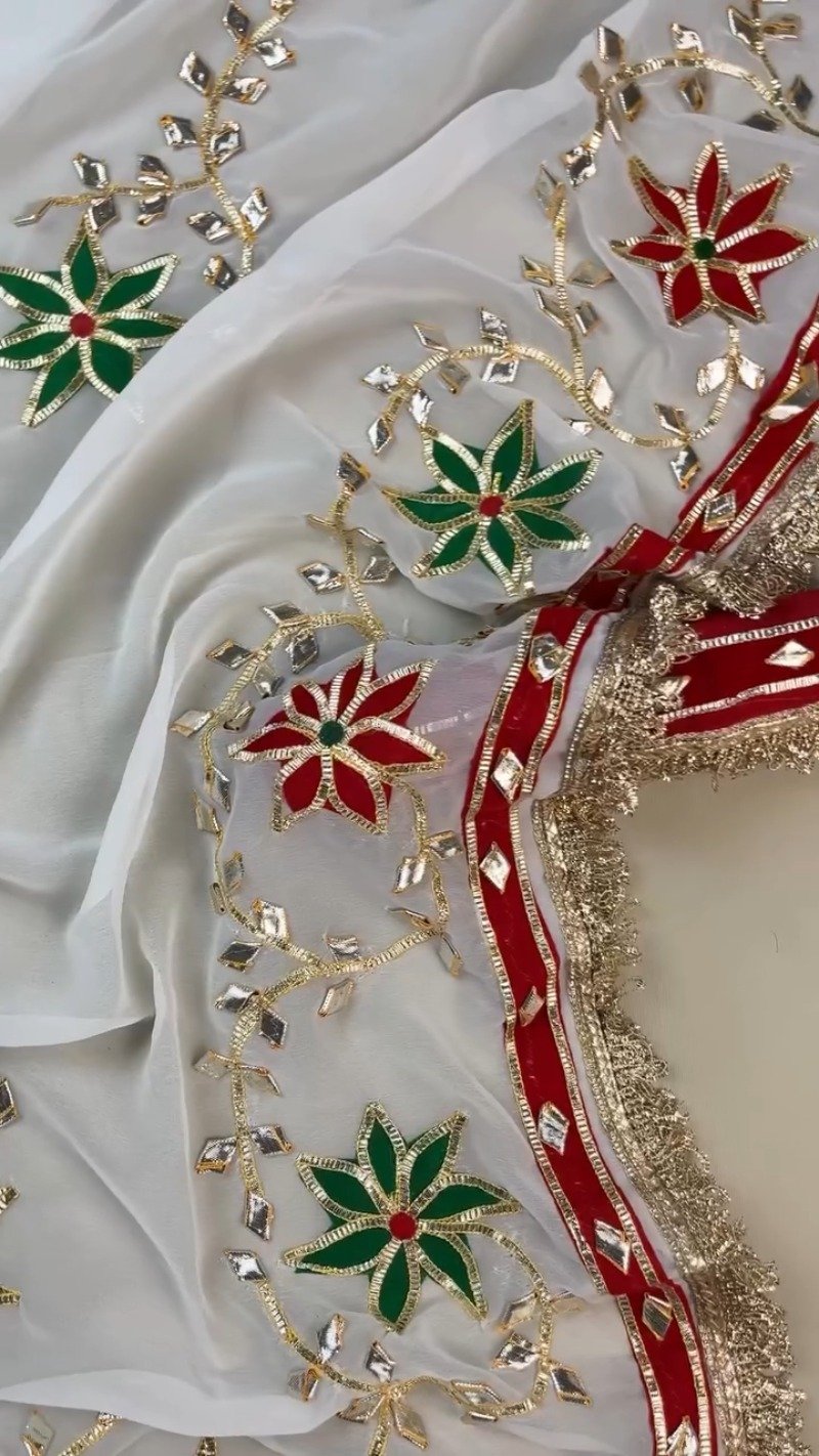 Opulent White Gota Patti Embellished Organza Saree – Available in Emerald Green & Ruby Red Floral Accents