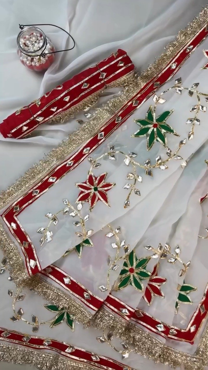 Opulent White Gota Patti Embellished Organza Saree – Available in Emerald Green & Ruby Red Floral Accents