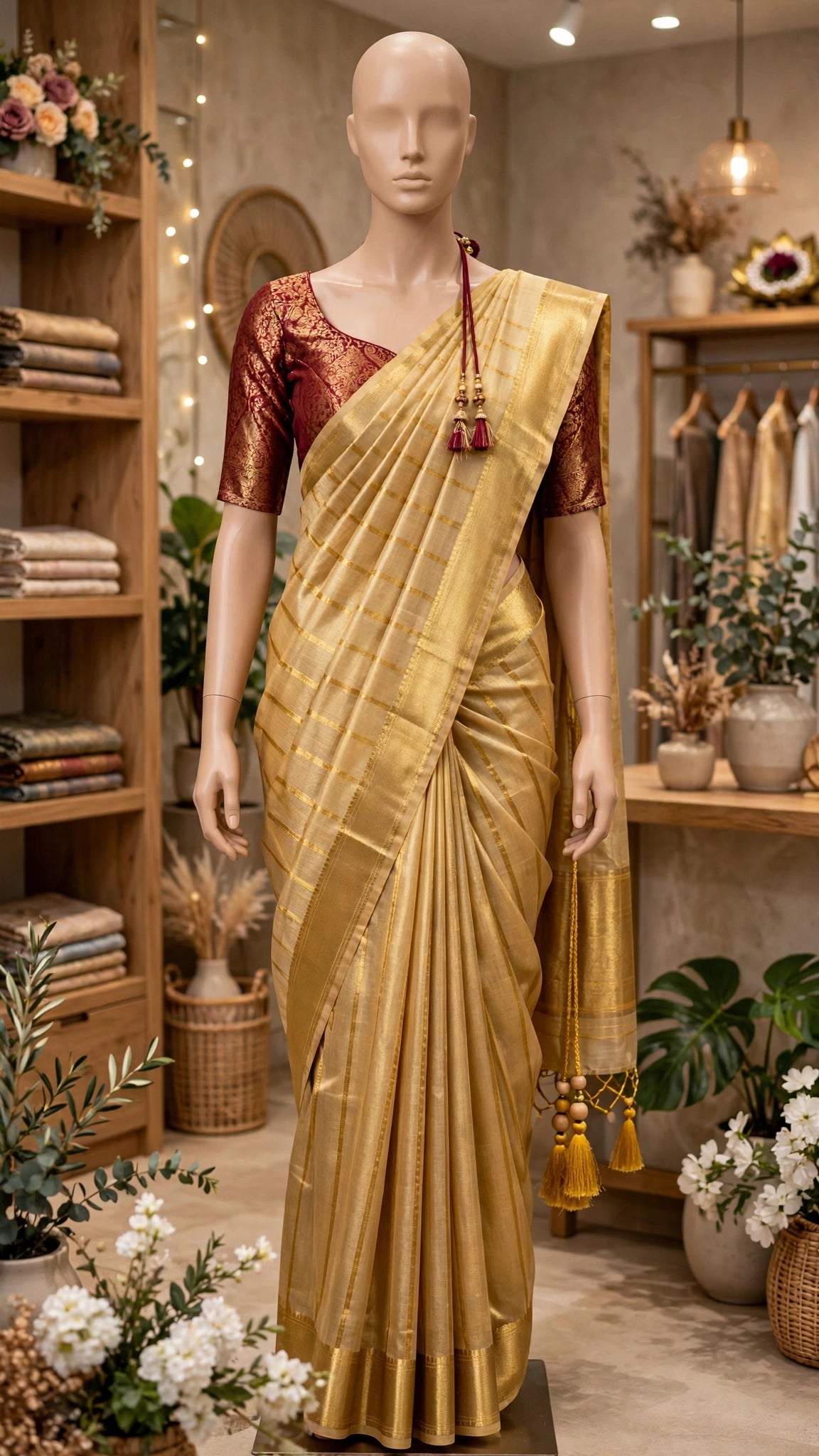 Gilded Grace Silk Saree with Maroon Brocade Blouse – A Traditional Masterpiece