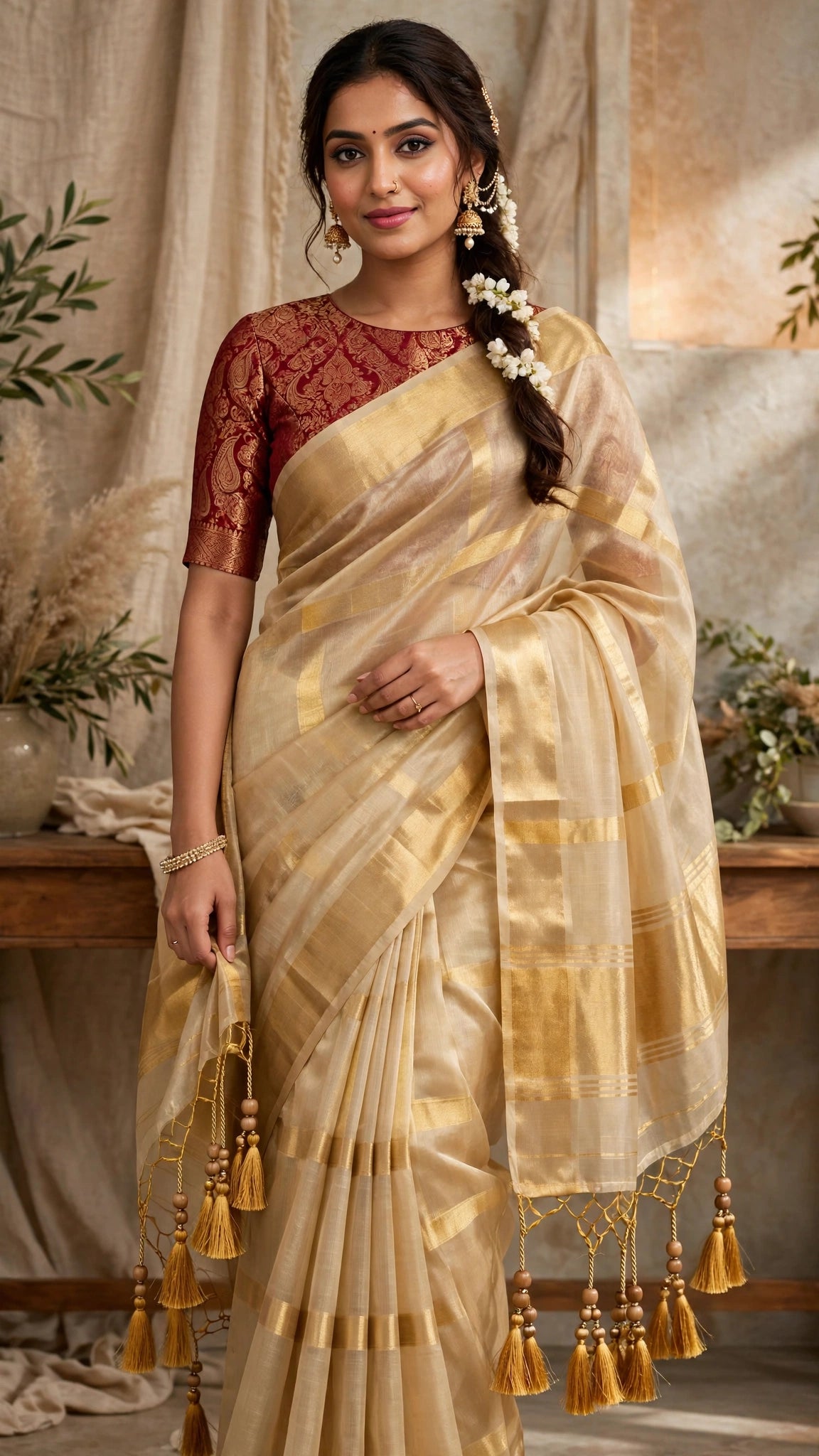 Gilded Grace Silk Saree with Maroon Brocade Blouse – A Traditional Masterpiece