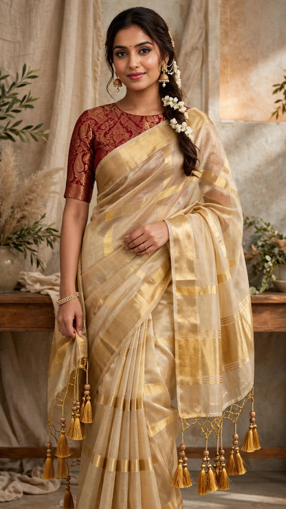 Gilded Grace Silk Saree with Maroon Brocade Blouse – A Traditional Masterpiece