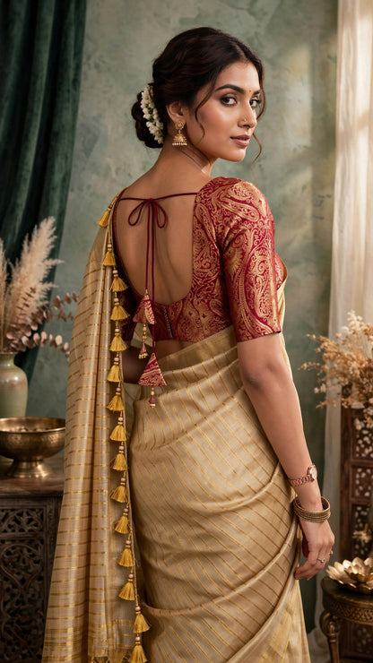 Gilded Grace Silk Saree with Maroon Brocade Blouse – A Traditional Masterpiece