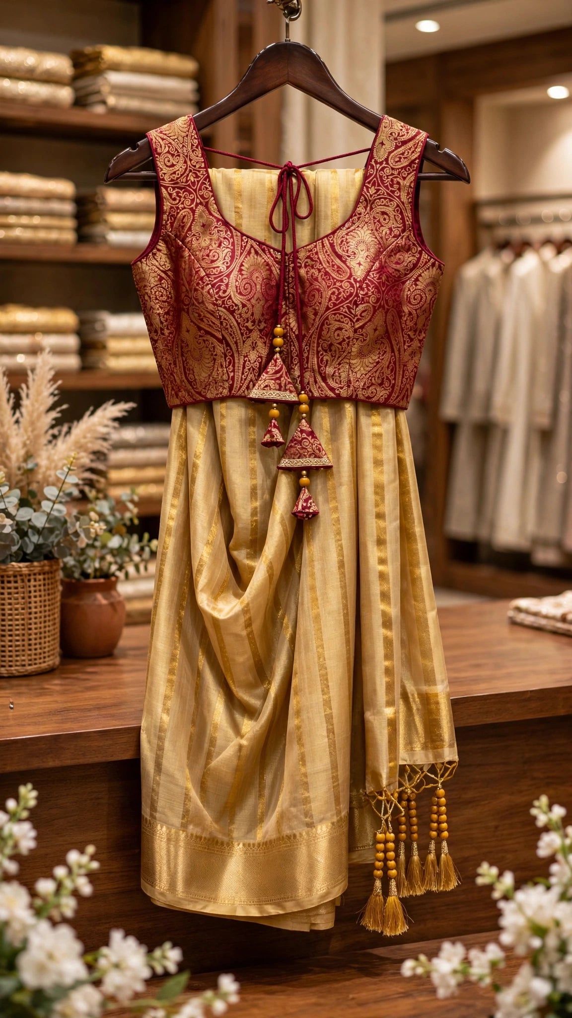 Gilded Grace Silk Saree with Maroon Brocade Blouse – A Traditional Masterpiece