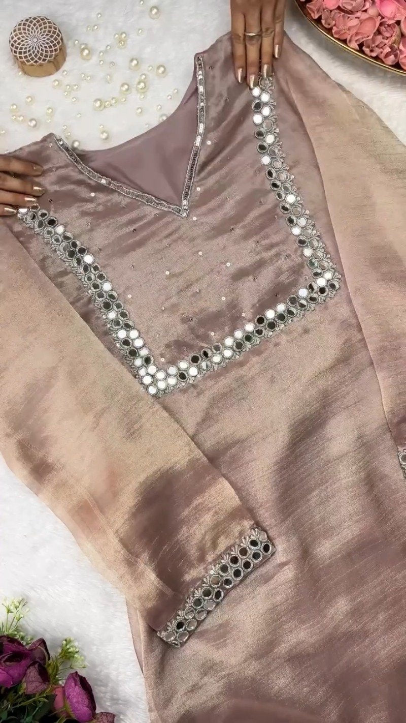 Rosewood Shimmer Mirror-Work Kurta Set
