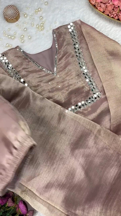 Rosewood Shimmer Mirror-Work Kurta Set