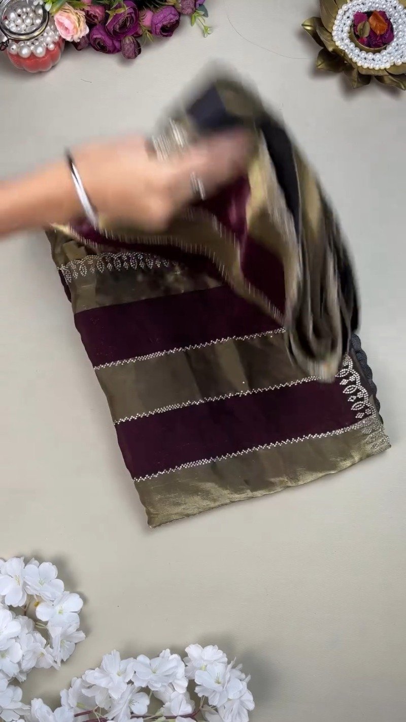Royal Purple & Metallic Gold Shimmer Saree with Embellished Scalloped Border