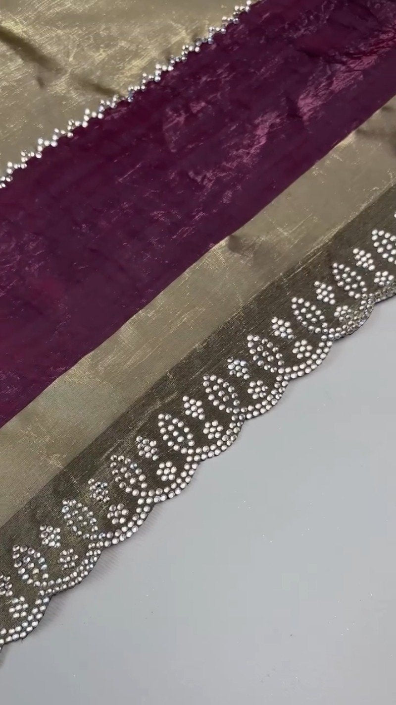 Royal Purple & Metallic Gold Shimmer Saree with Embellished Scalloped Border