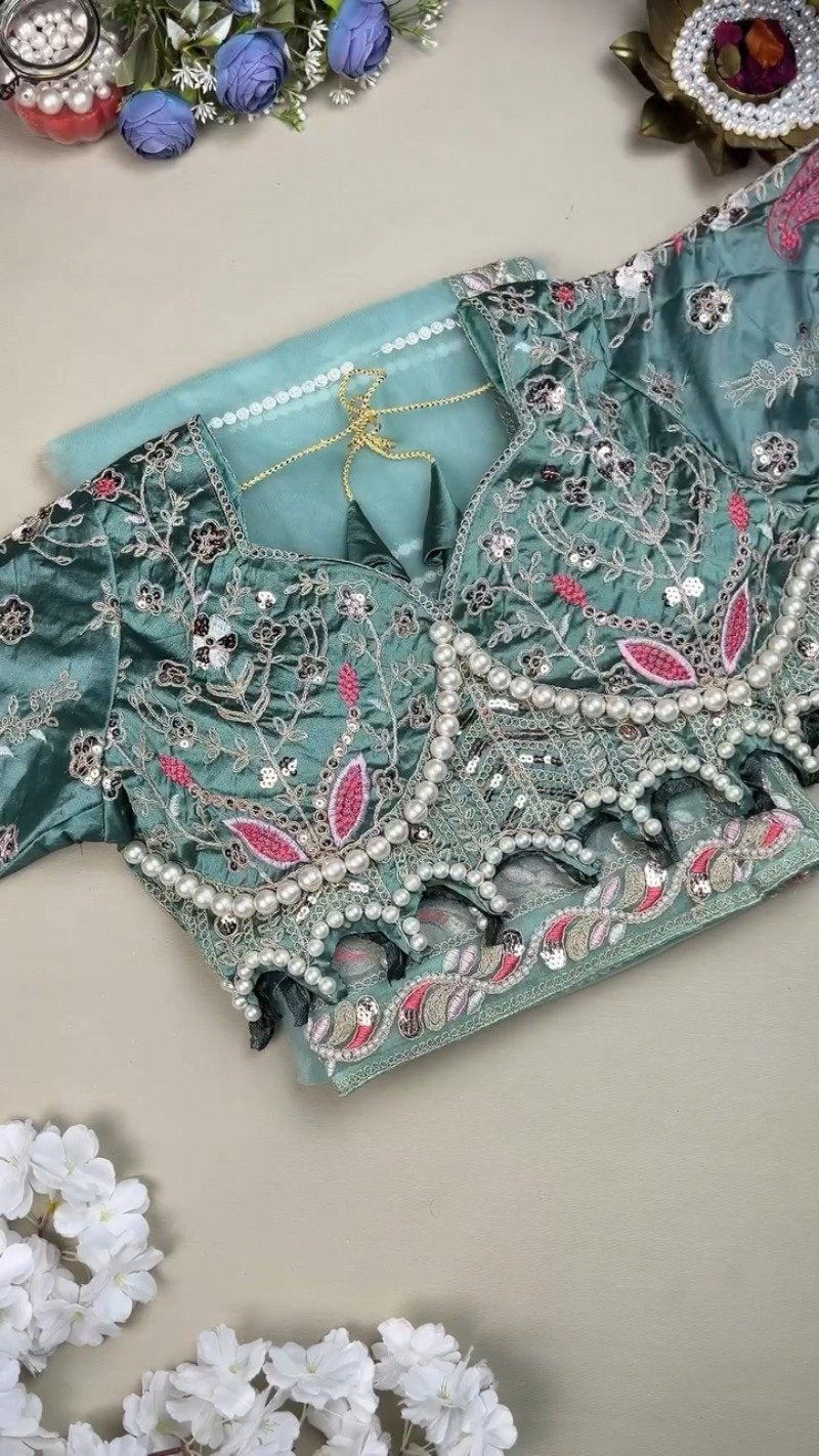 Teal Blue Embroidered Silk Blend Designer Blouse – A Fusion of Tradition & Modern Elegance