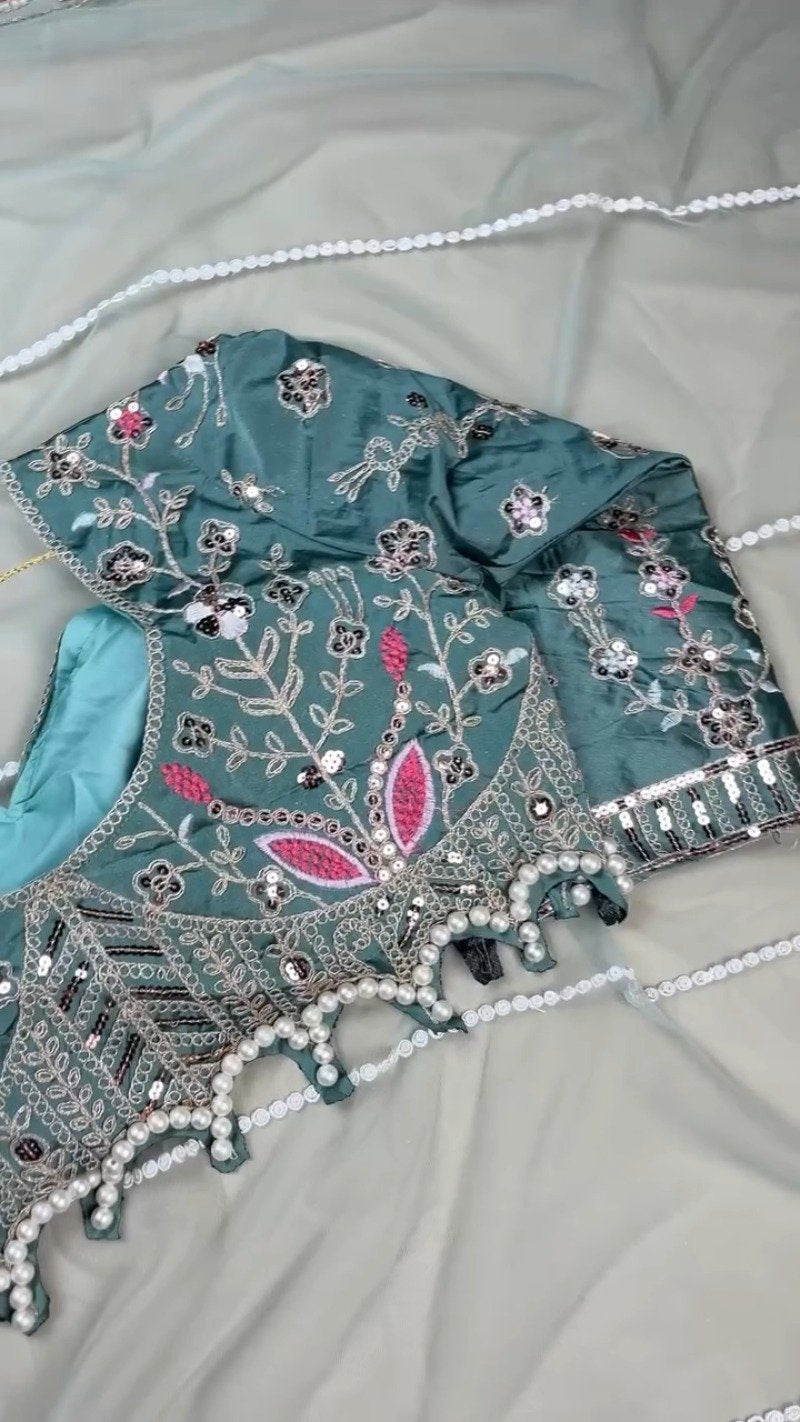 Teal Blue Embroidered Silk Blend Designer Blouse – A Fusion of Tradition & Modern Elegance
