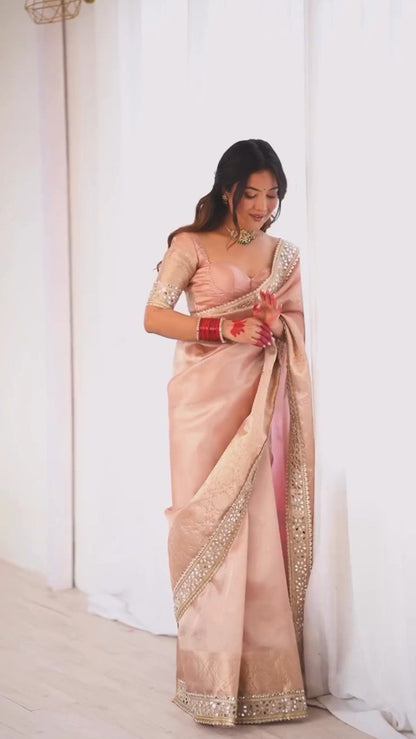 Pastel Peach Mirror-Work Silk Saree with Elegant V-Neck Blouse
