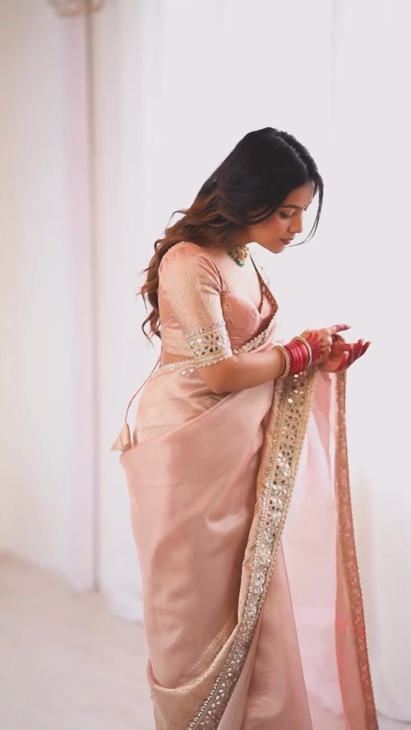 Pastel Peach Mirror-Work Silk Saree with Elegant V-Neck Blouse