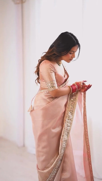 Pastel Peach Mirror-Work Silk Saree with Elegant V-Neck Blouse