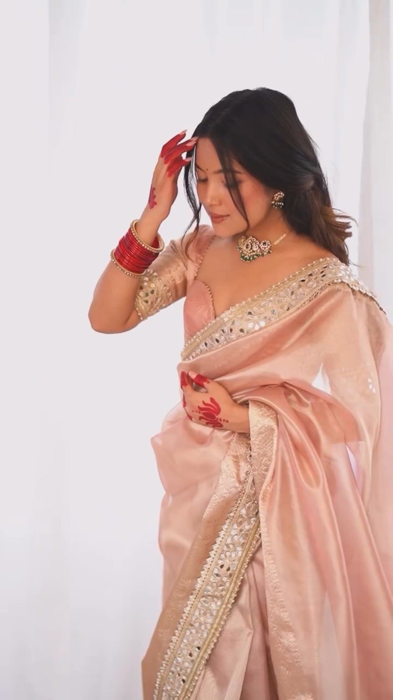 Pastel Peach Mirror-Work Silk Saree with Elegant V-Neck Blouse