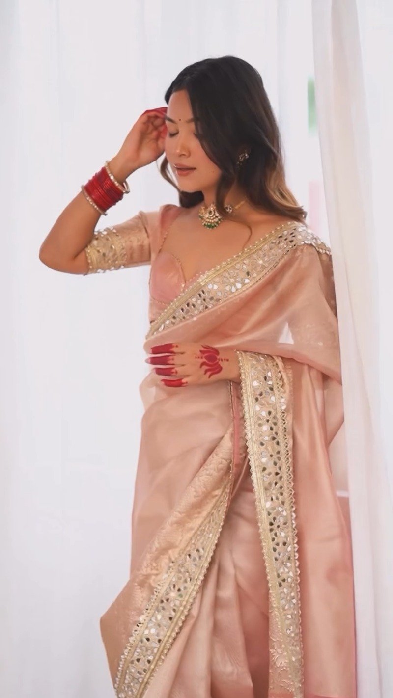 Pastel Peach Mirror-Work Silk Saree with Elegant V-Neck Blouse