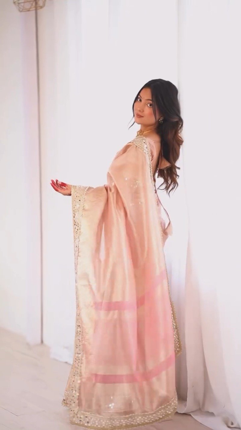 Pastel Peach Mirror-Work Silk Saree with Elegant V-Neck Blouse