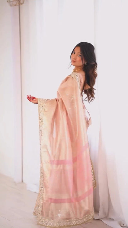 Pastel Peach Mirror-Work Silk Saree with Elegant V-Neck Blouse