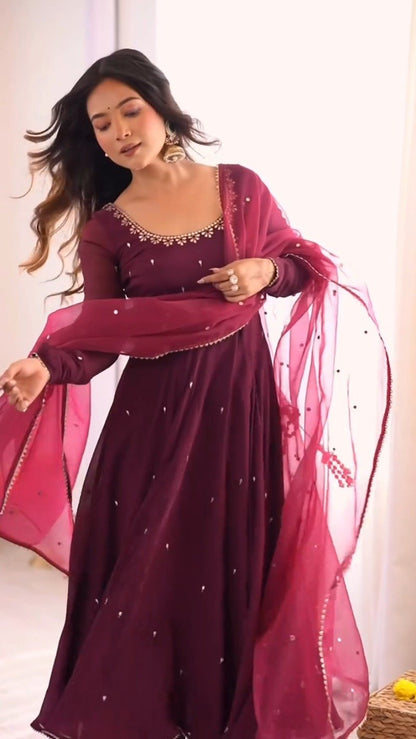 Enchanting Wine Red Embroidered Anarkali Suit Set